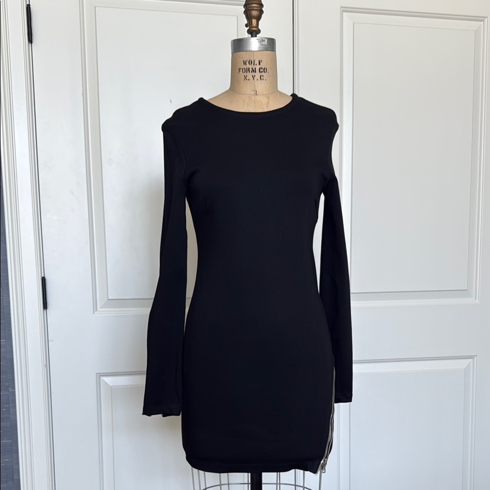 RtA Black Ribbed Long Sleeve Cocktail Dress with Zippers